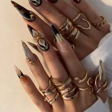 NailChic 10 PCS Handmade Stiletto Press-On Nails | Antique Dark Romance Luxury Tortoiseshell Acrylic Nails, 3D Sculpted Blossom & Gilded Ornament Inlaid Statement Art - Nhiều màu - Xem 10