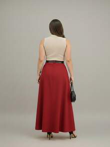 Long Tailored Skirt With Belt Evangelical Fashion With Pocket And Zipper - Đỏ - Xem 2
