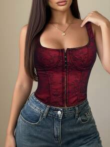 Apperloth A Y2K风格抹胸露脐上衣，花卉蕾丝刺绣，钢骨束腰，女士方领网纱钩扣前宽肩带露背系带吊带背心，万圣节服装，锐舞派对感恩节夏季 - 紅色 - 查看 4