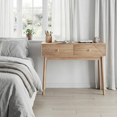 Biurko, konsola w stylu mid-century modern z szufladami, zabytkowy stolik recepcyjny z otwartymi półkami, nowoczesny stolik kawowy, odpowiedni do salonu, przedpokoju i korytarza, kolor dębowy