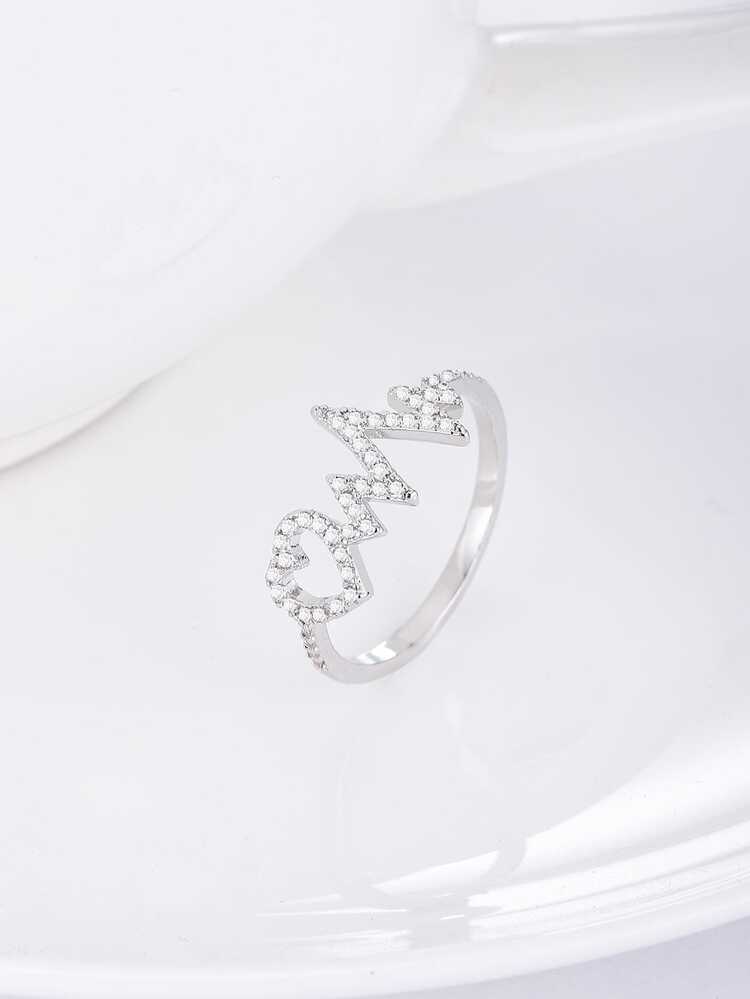 1pc Dainty Heartbeat Design Ring, Silver Plated Rhinestone Decor ECG Pulse Finger Ring, Fashion Minimalist Jewelry Gift For Women - Silver - View 6