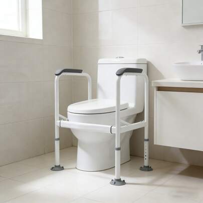 SHIOUCY 330.69lbs White Toilet Safety Frame, 27.17-32.28" Adjustable Height Carbon Steel Bathroom Support Rail For Elderly Disabled