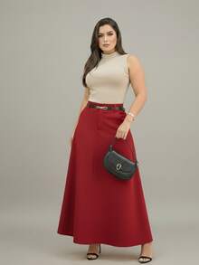 Long Tailored Skirt With Belt Evangelical Fashion With Pocket And Zipper - Đỏ - Xem 1