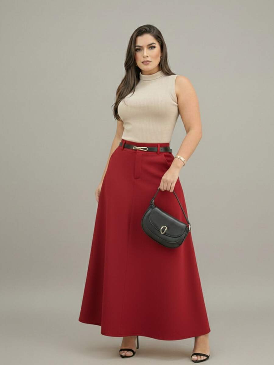 Long Tailored Skirt With Belt Evangelical Fashion With Pocket And Zipper - Đỏ - Xem 1