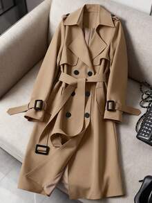 女士百搭优雅秋冬风衣，时尚通勤休闲长款风衣，英伦风中长款外套 - 深卡其 - 查看 1