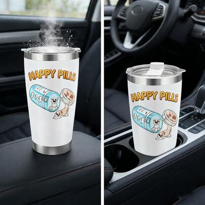 Happy Pills Dog Lover Tumbler Cup For Coffee Or Tea Car Cup Auto Water Bottle Vehicle Insulated Cup Spill Proof Keeps Hot Shatterproof Outdoor Enthusiasts Car Use Office Commute Travel-Friendly