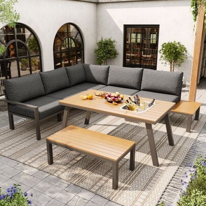 Garden Leisure Set For 6-7 People For The Garden, Balcony, Or Patio; Weather-Resistant Seating Combination; Dining Table And Chair Set; Modern Garden Furniture Set; Galvanized Iron Frame; Tabletop With Ice Bucket
