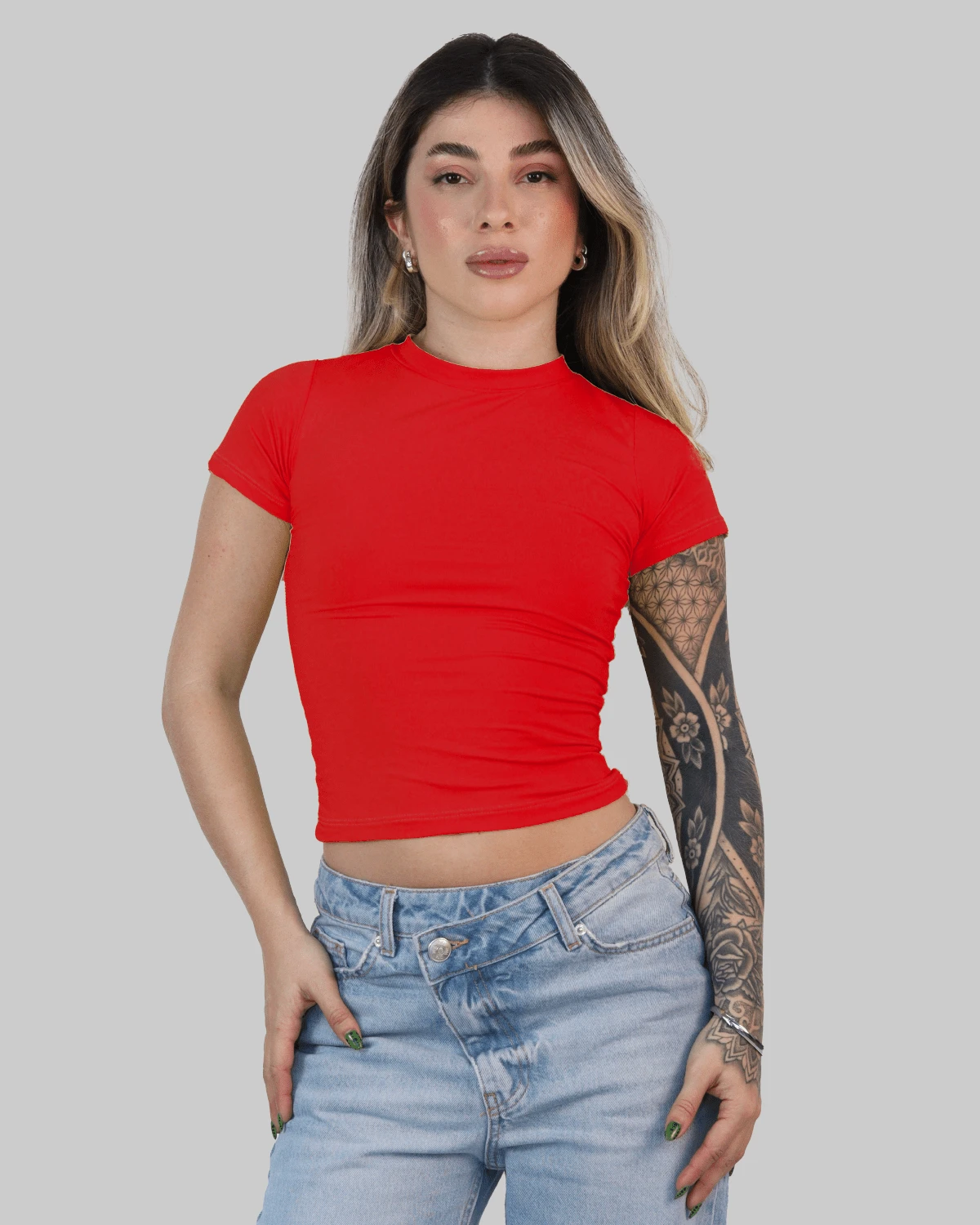 Women's Summer Cropped T-Shirt With Short Sleeves And Round Neck, Slim Fit, Solid Color, Aitona - 紅色 - 查看 1