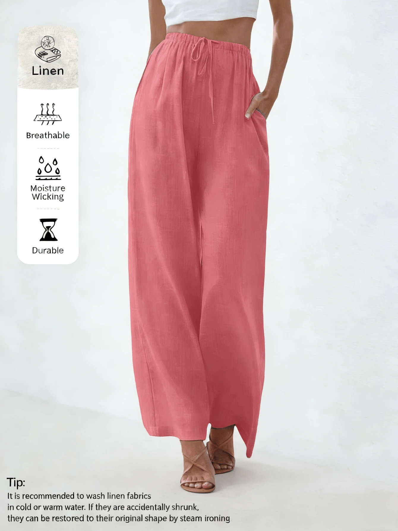 [Linen Wide-Leg Pants] Breathable And Moisture-Wicking Wide-Leg Trousers - Elegant And Comfortable Sold Color Loose Linen Pants For Women Summer Flowy High Waisted Beach Palazzo Trousers  - 西瓜紅 - 查看 1