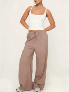 [Linen Wide-Leg Pants] Breathable And Moisture-Wicking Wide-Leg Trousers - Elegant And Comfortable Sold Color Loose Linen Pants For Women Summer Flowy High Waisted Beach Palazzo Trousers  - 杏色 - 查看 3