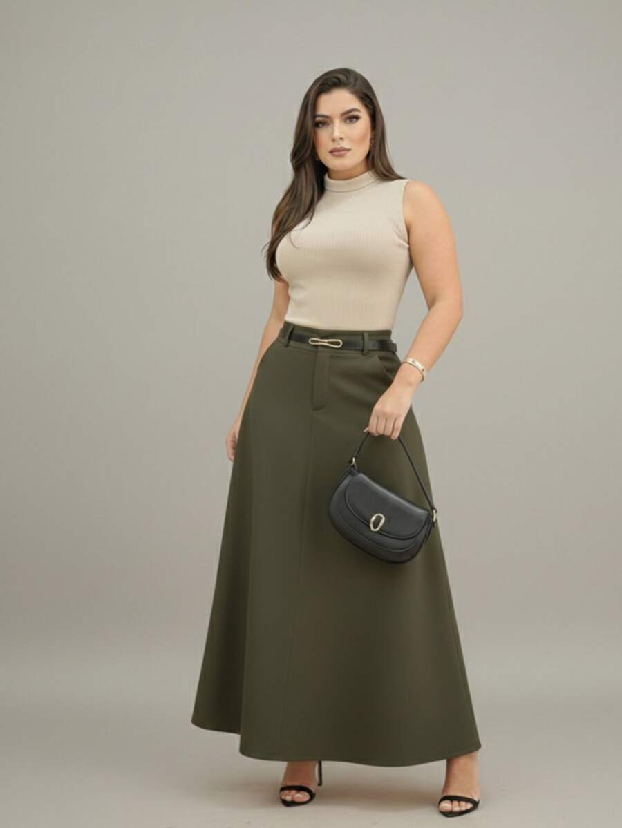 Long Tailored Skirt Evangelical Fashion With Pocket And Zipper - 軍綠色 - 查看 1