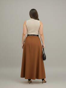 Long Tailored Skirt With Belt Evangelical Fashion With Pocket And Zipper - 駝色 - 查看 2