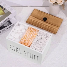 Caja de almacenamiento de tampones de madera rústica y estilo granja con tapa - Organizador versátil de baño para productos femeninos, accesorio de decoración del hogar, almacenamiento de tampones para baño, pequeño gabinete de almacenamiento de baño - Ver 5