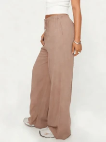 [Linen Wide-Leg Pants] Breathable And Moisture-Wicking Wide-Leg Trousers - Elegant And Comfortable Sold Color Loose Linen Pants For Women Summer Flowy High Waisted Beach Palazzo Trousers  - 杏色 - 查看 2