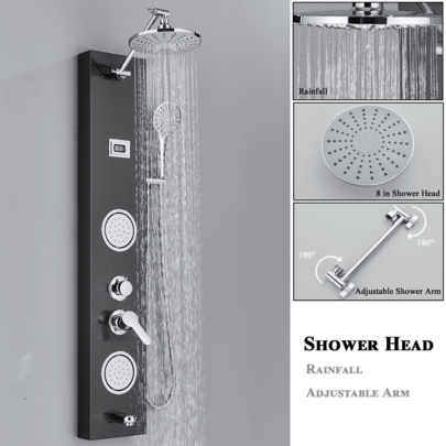 Stainless Steel Shower Panel Tower System With Adjustable Shower Head, 2 Body Jets, 3-Setting Handheld, Multi-Function Shower Column With Temperature Display, Black