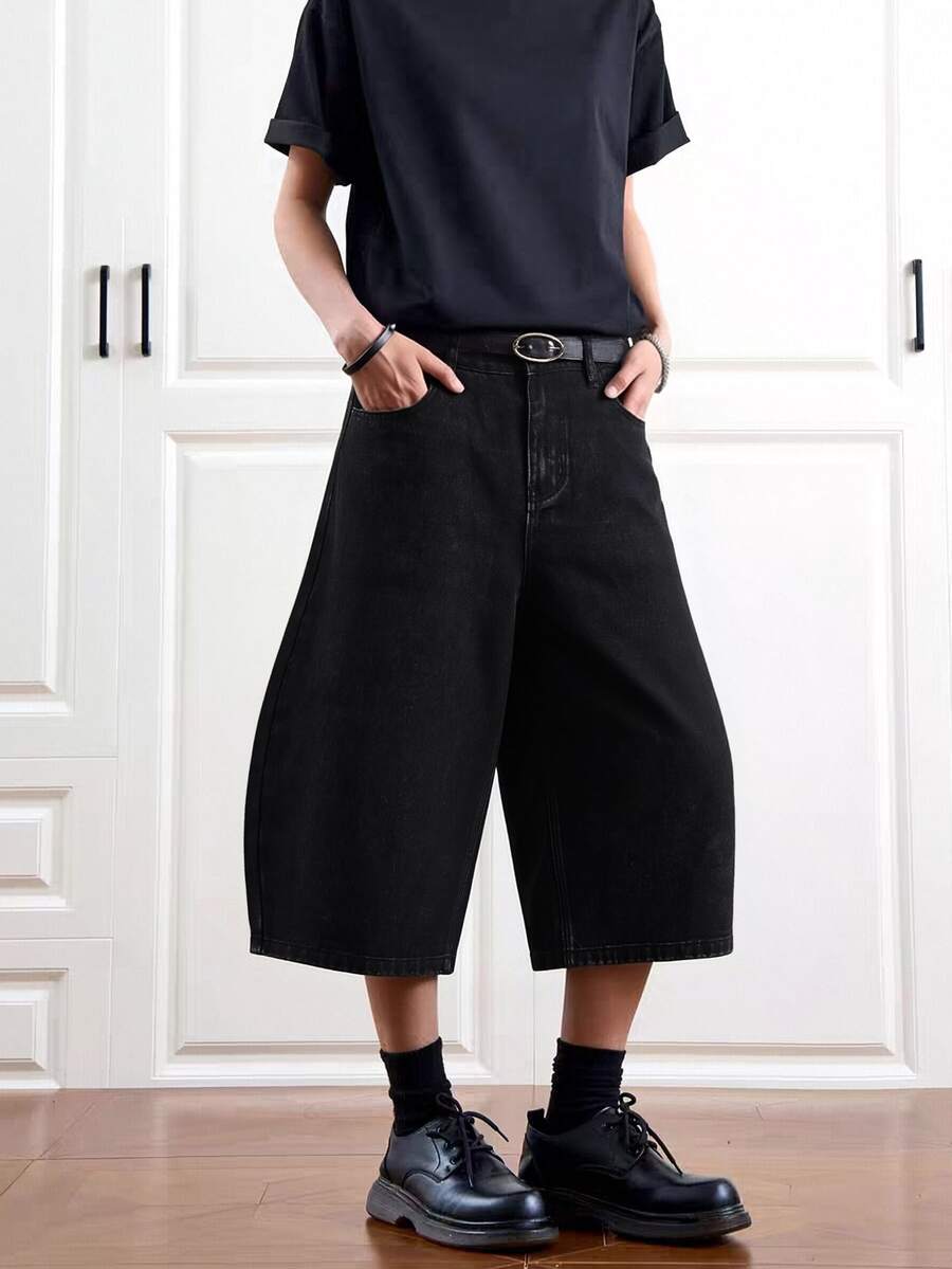 1条休闲宽松阔腿百慕大短裤，韩版中长弧形剪裁短裤（不含腰带或配饰），夏季 - 黑色 - 查看 1