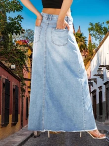Women's Vintage Denim Maxi Skirt Casual Solid High Waist A-Line Frayed Hem Long Jean Skirt With Pockets - màu xanh nhạt - Xem 4