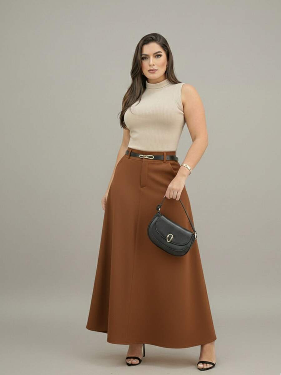 Long Tailored Skirt With Belt Evangelical Fashion With Pocket And Zipper - 駝色 - 查看 1