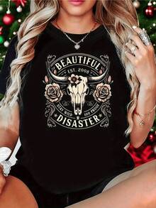 1pcs Cow Skull Women's Graphic Print T Shirt Floral Beautiful Disaster Short Sleeved Casual Round Neck Tee Western Chic Spring/Summer Tops For Women Clothes - màu đen - Xem 1