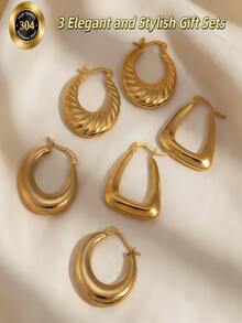 3pcs Fashion Earrings Set, Featuring Unique Titanium Alloy And Steel Inlay Design With Sparkling Mixed Elements - Gold - View 3