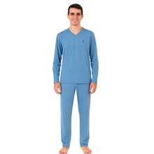 Men's Basic Embroidered Long Pajamas, Assorted Patterns, Sizes S To XL - Medium Blue - View 1