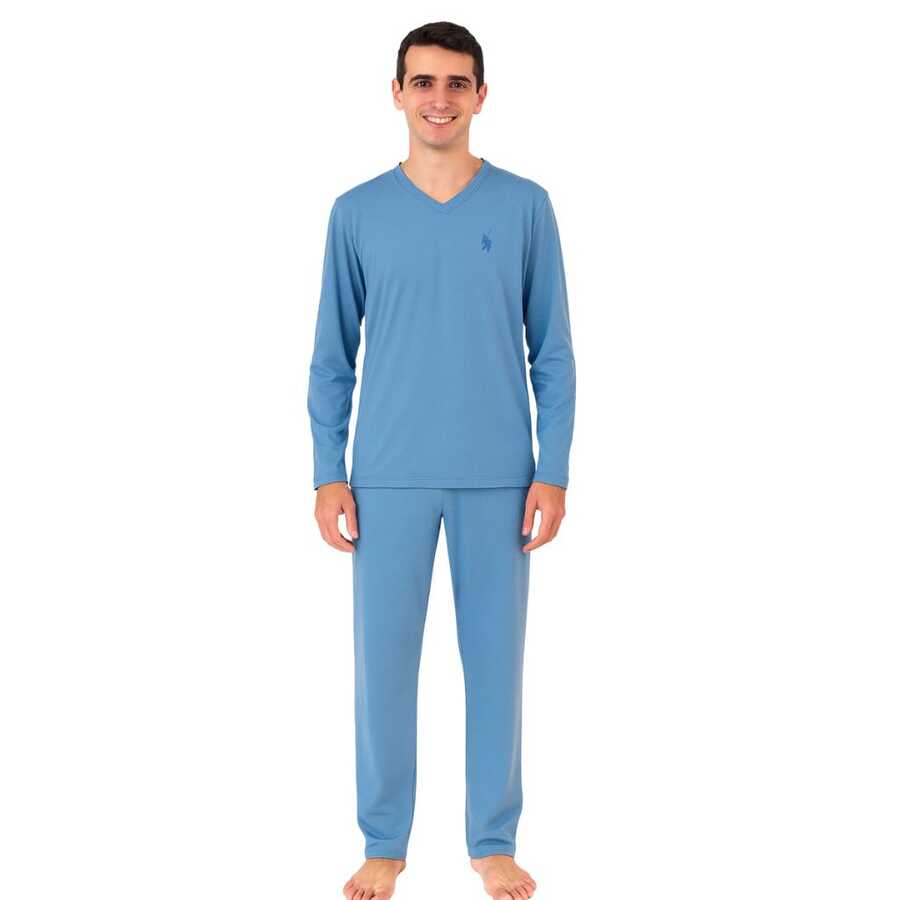 Men's Basic Embroidered Long Pajamas, Assorted Patterns, Sizes S To XL - Medium Blue - View 1