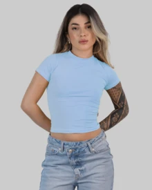 Women's Summer Cropped T-Shirt With Short Sleeves And Round Neck, Slim Fit, Solid Color, Aitona - 淺藍色 - 查看 2