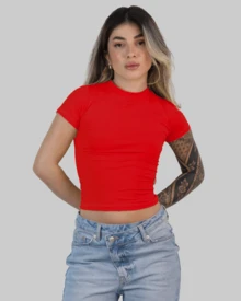 Women's Summer Cropped T-Shirt With Short Sleeves And Round Neck, Slim Fit, Solid Color, Aitona - 紅色 - 查看 2