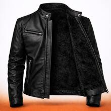 Faux Leather Winter Jacket, Regular Fit, Pockets, Button Closure, Zipper Closure - 黑色有襯裡 - 查看 7