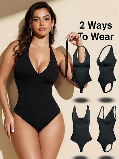 Loungeista 1pc Women's Seamless Shapewear Jumpsuit, Convertible Design With Detachable Straps, Tummy Control And Butt Lift, Full Body Shaping For Outdoor/Bikini Wear