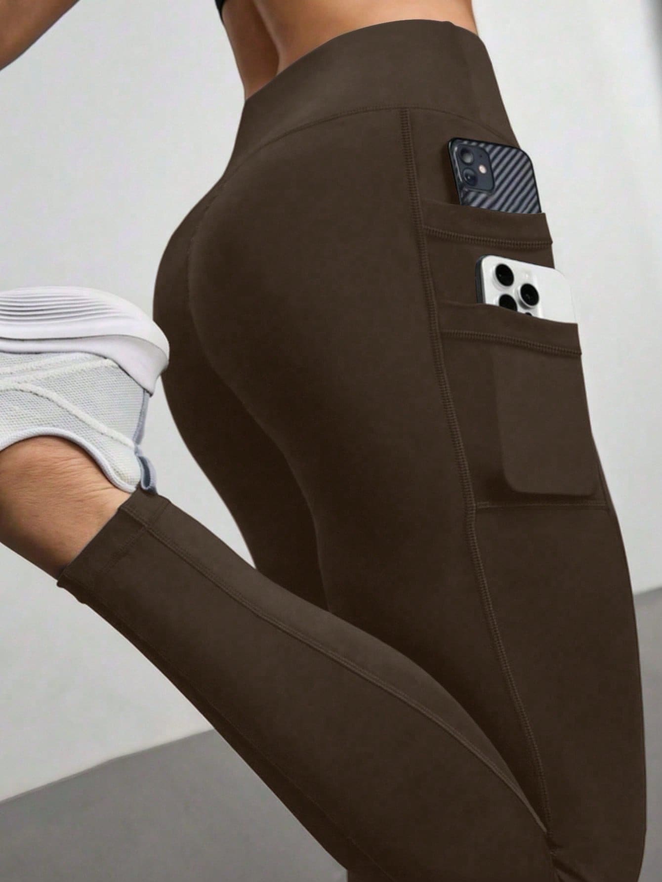 Women's High Waist Elastic Casual Yoga Pants With Side Pockets, Suitable For Yoga, Running, Fitness - Brown - View 1