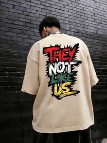 男士宽松版型个性化英文印花圆领短袖T恤 | 精致设计 | 夏季必备 | 易于搭配 - 杏色 - 查看 1