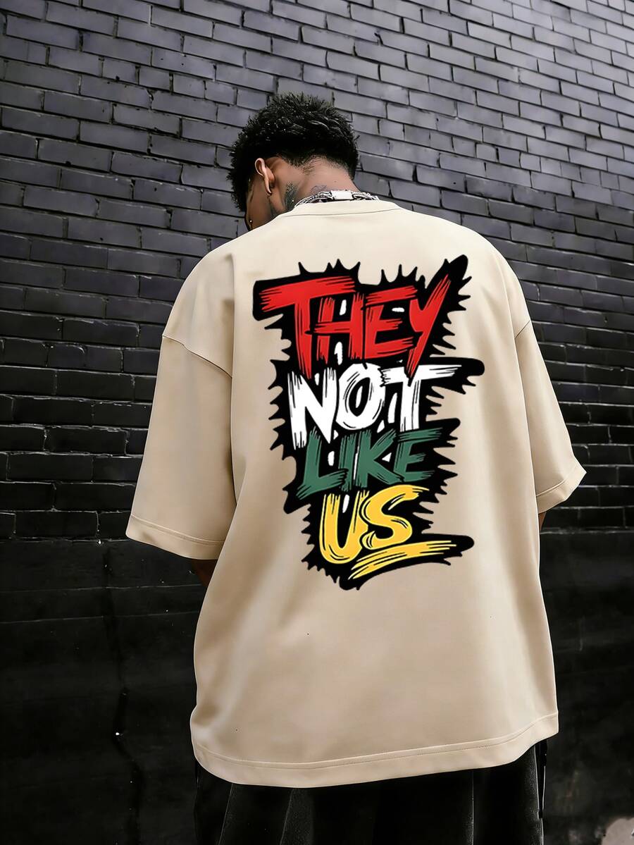 男士宽松版型个性化英文印花圆领短袖T恤 | 精致设计 | 夏季必备 | 易于搭配 - 杏色 - 查看 1