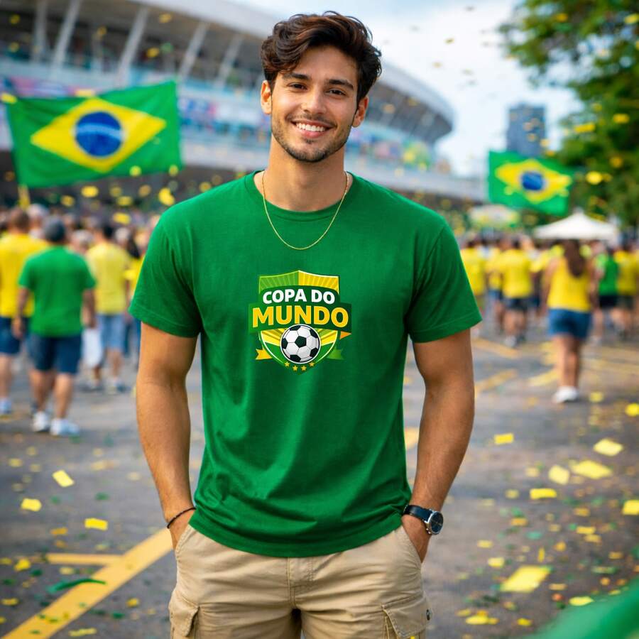 Camiseta Masculina 100% Algodão Estampada Brasão Para Jogos Futebol Copa do Mundo Torcida Patriota Camisa Estilo Casual Básico - Verde - Visão 1