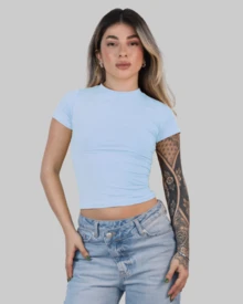 Women's Summer Cropped T-Shirt With Short Sleeves And Round Neck, Slim Fit, Solid Color, Aitona - 淺藍色 - 查看 1