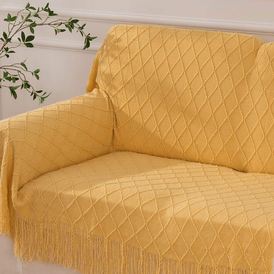 Chăn màu xanh lá cây nhạt, thích hợp cho ghế sofa, trang trí nhà kiểu Boho, chăn màu xanh nhạt cho ghế sofa và phòng khách. - Màu vàng - Xem 1