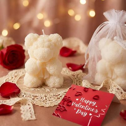 VICKYO 2/6 Sets White Rose Bear Candle With Card And Gift Bags - Adorable Teddy Bear Shape Scented Candle, Cute Romantic Gift For Girlfriend & Best Friend, Birthday Anniversary Present, New Home Decor