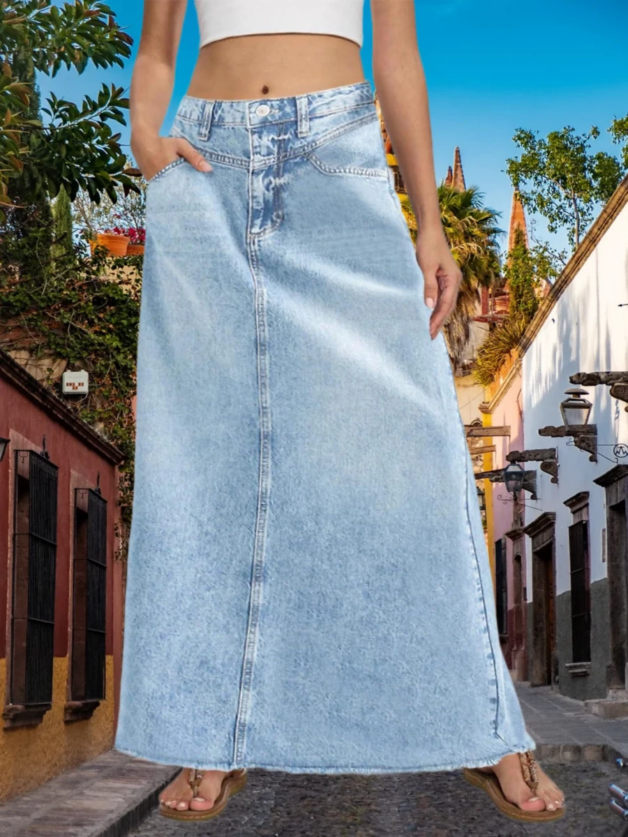 Women's Vintage Denim Maxi Skirt Casual Solid High Waist A-Line Frayed Hem Long Jean Skirt With Pockets - màu xanh nhạt - Xem 1