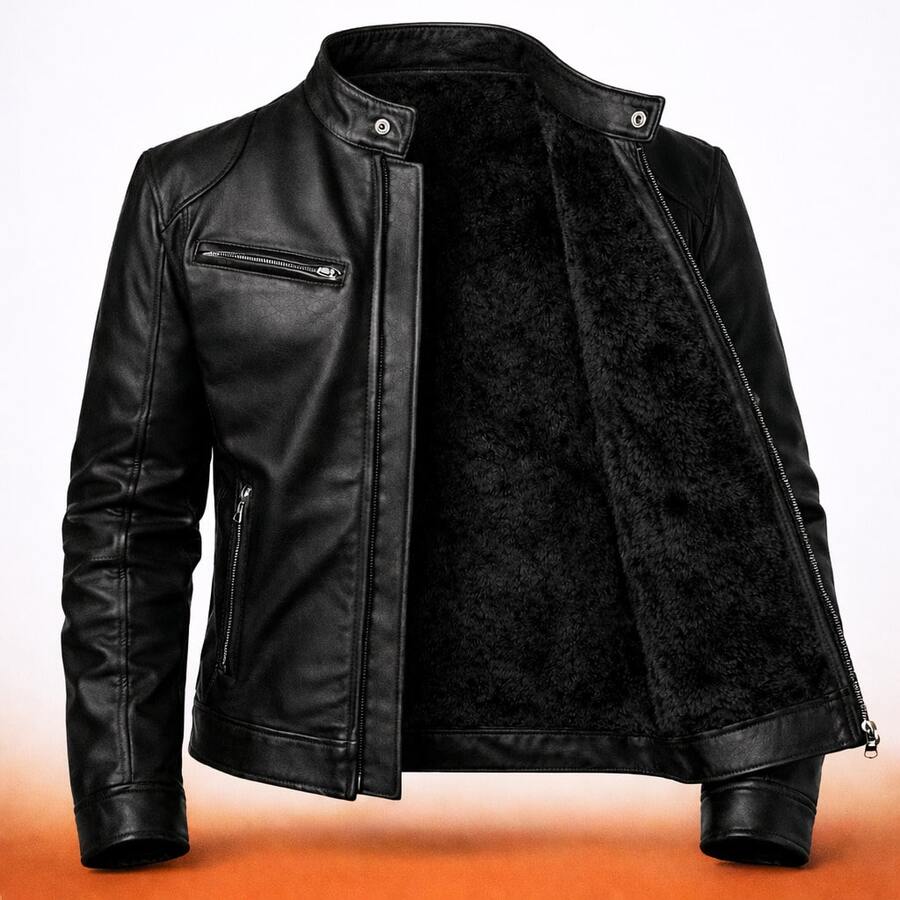 Faux Leather Winter Jacket, Regular Fit, Pockets, Button Closure, Zipper Closure - 黑色有襯裡 - 查看 1