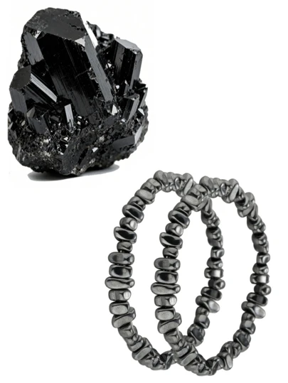 Yanxyad 男士半件套赤铁矿手链，天然石可调节弹力手链，男女通用，黑色赤铁矿宝石手链礼品