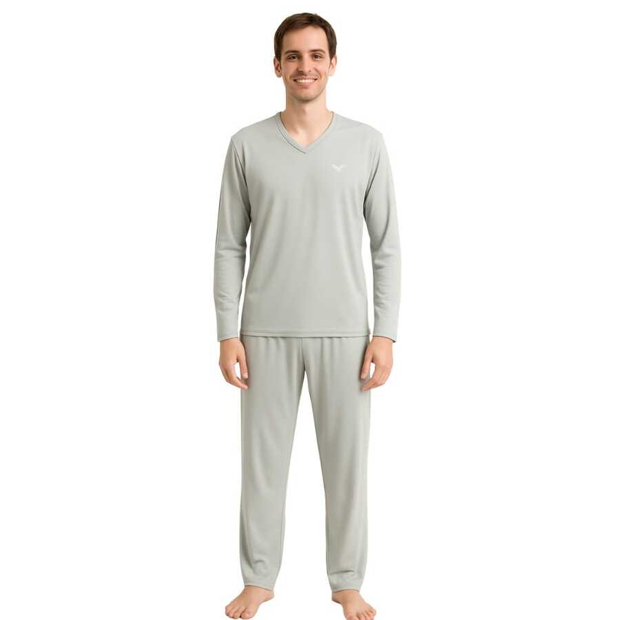 Men's Basic Embroidered Long Pajamas, Assorted Patterns, Sizes S To XL - Grey - View 1