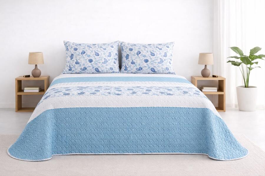 Colcha bouti para Verano y Entretiempo, Colcha para Cama 100% Poliester en Diseño Liso o Estampado, Colcha Cubre Cama Fina para Cama 90/105/135/150/180cm, Suave, Blanco con Funda de Cojín 45x70cm. Entrega a España en 3-5 días. - Paisley Azul - Ver 1