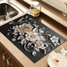 1pc 3D Floral Design Absorbent Drying Mat, New Waterproof Kitchen Counter Drying Pad, Soft Silicone Non-Slip Quick Dry Mat For Kitchen Counter, Coffee Maker, Etc. - FULSD253 - View 6
