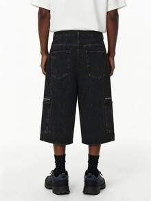 1 pieza Jeans anchos de longitud 7/8 de estilo retro y oversize en color negro, pantalones cortos vaqueros de trabajo casual para jóvenes, unisex (cinturón y accesorios no incluidos) - Negro - Ver 5