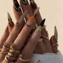 NailChic 10 PCS Handmade Stiletto Press-On Nails | Antique Dark Romance Luxury Tortoiseshell Acrylic Nails, 3D Sculpted Blossom & Gilded Ornament Inlaid Statement Art - Nhiều màu - Xem 4