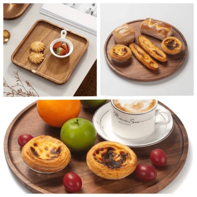 1pc High-Quality Square/Round Wooden Serving Tray, Suitable For Bread, Pizza, Cake, Meat, Fruits, Vegetables, Snacks, Breakfast Plates, Ideal For Home, Gatherings, Restaurants, Kitchen Utensils, Kitchen Decor, Dining Table Decoration