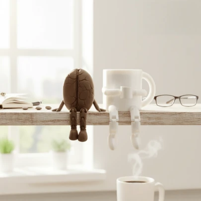 2件套精美3D打印咖啡杯和咖啡豆摆件，创意3D打印咖啡杯和咖啡豆：咖啡馆、客厅和吧台的可爱装饰 | 多功能摆件，适用于任何场景 | 生日、复活节、万圣节、圣诞节送给咖啡爱好者的理想礼物