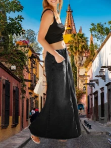 Women's Vintage Denim Maxi Skirt Casual Solid High Waist A-Line Frayed Hem Long Jean Skirt With Pockets - 黑色 - 查看 3