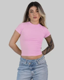 Women's Cropped Summer T-Shirt With Short Sleeves And Round Neck, Slim Fit, Solid Color, Arizona. - 淺粉色 - 查看 3
