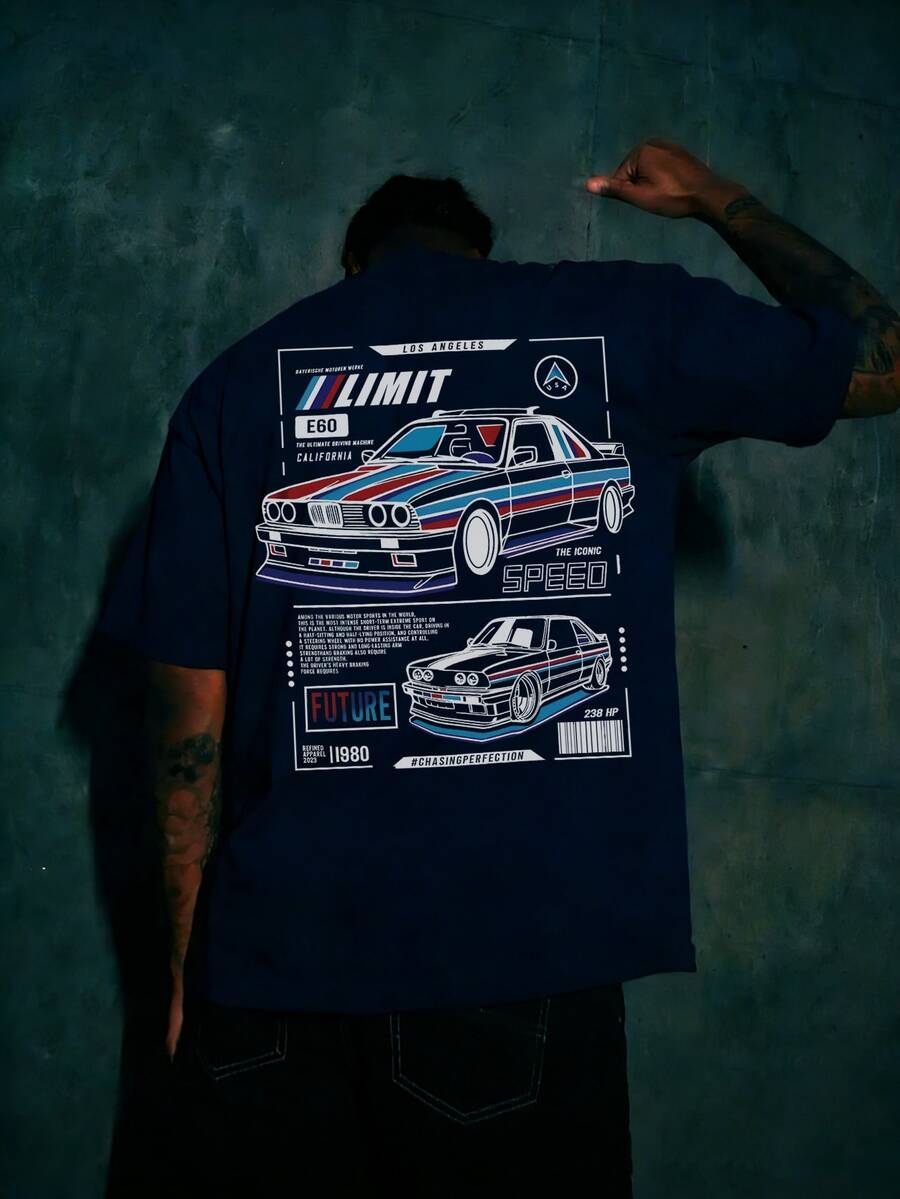 男士宽松黑色短袖衬衫 | 复古赛车图案 | 洛杉矶街头服饰风格